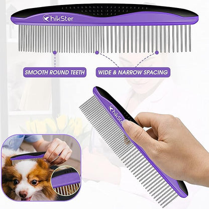 Dog Comb for Grooming Pet Comb with Stainless Steel Rounded Teeth Rubber Handle for Large Medium & Small Cat Comb Removes Knots & Tangled Hair
