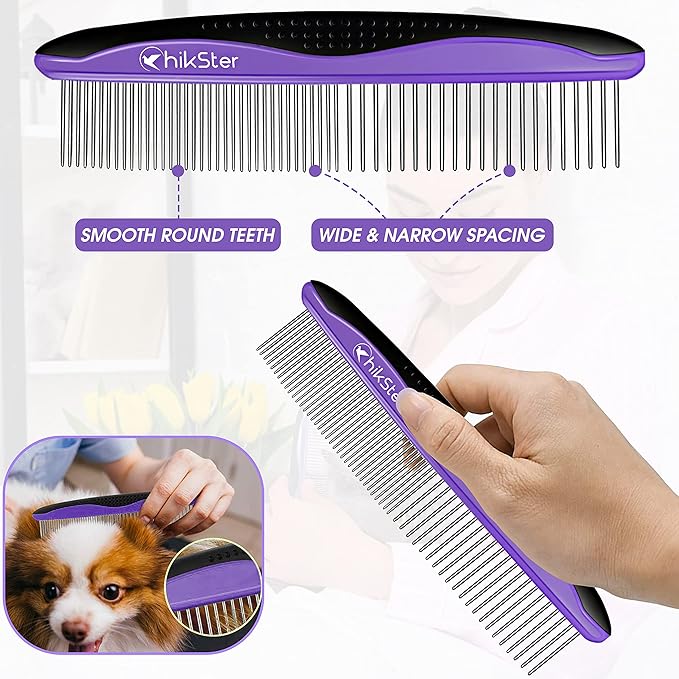 Dog Comb for Grooming Pet Comb with Stainless Steel Rounded Teeth Rubber Handle for Large Medium & Small Cat Comb Removes Knots & Tangled Hair