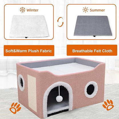 Cat Houses for Indoor Cats - Large Cat Bed Cave with Scratch Pad and Fluffy Ball, Foldable Cat Condo Hideaway with Reversible Cushion for Multi Small Pet, Pink