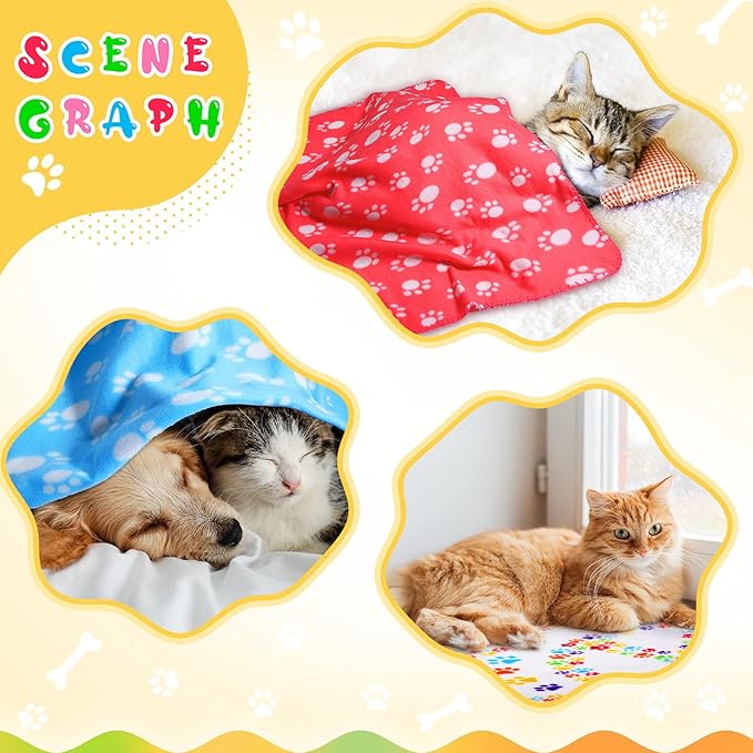 Tegeme 12 Pieces Fleece Blankets for Pets Dog Puppy Paw Print Cat Bedding Cover Blanket for Small Animals Pig Cage Liner Sleep Mat Pad Kitten Soft Warm(Cute Style,39 x 28 Inches)