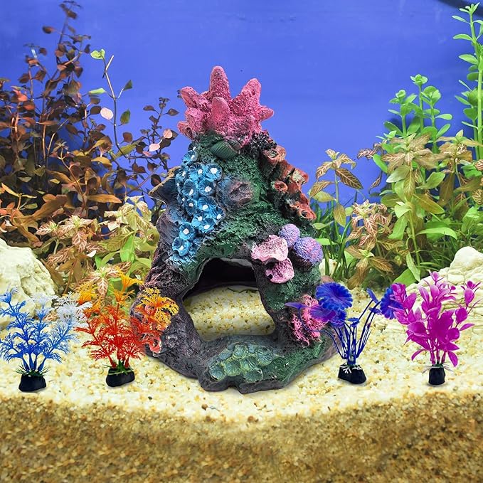 PINVNBY 5 PCS Colorful Coral Fish Tank Decorations, Resin Mountain Ornament and Artificial Plastic Plant for Goldfish Betta Fish Cave Hideout Sleep Rest Play Breed
