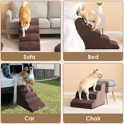 EHEYCIGA Curved Dog Stairs Ramp for High Beds 19.7" H, 4-Step Dog Steps for Small Dogs and Cats, Pet Stairs for High Bed Climbing, Non-Slip Balanced Pet Step Indoor, Brown