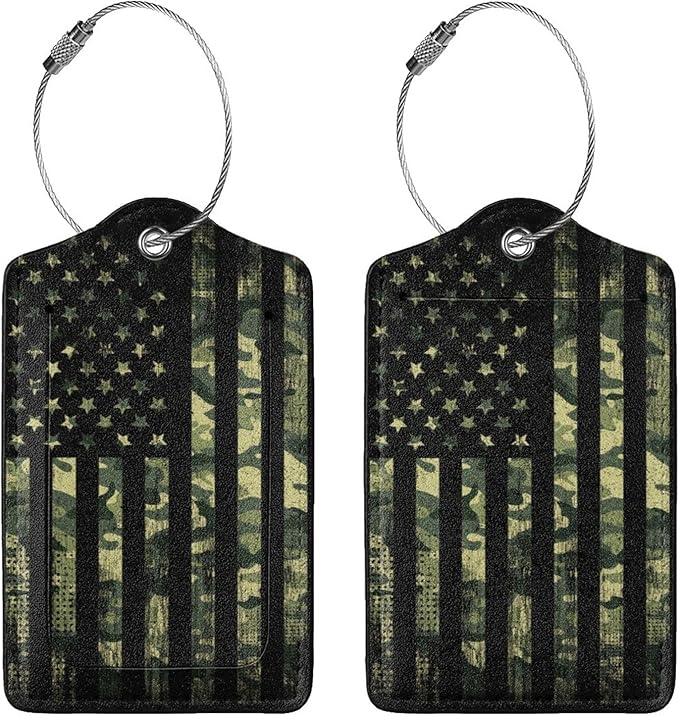 2 Pcs Camouflage American Flag Luggage Tag for Suitcase, 4th of July Decorations Camo US Flag Patriotic Decor Party Birthday Gifts Men Women, Identifiers Privacy Cover ID Label with Steel Loop