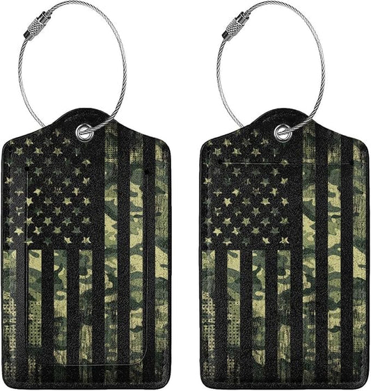 2 Pcs Camouflage American Flag Luggage Tag for Suitcase, 4th of July Decorations Camo US Flag Patriotic Decor Party Birthday Gifts Men Women, Identifiers Privacy Cover ID Label with Steel Loop