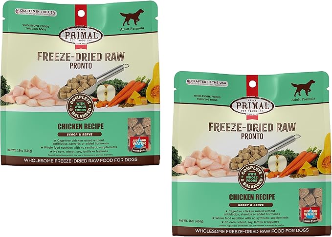 Primal Freeze Dried Dog Food Pronto, Chicken; Scoop & Serve, Complete & Balanced Meal; Also Use As Topper or Treat; Premium, Healthy, Grain Free, High Protein Raw Dog Food (16 oz, 2-Pack)