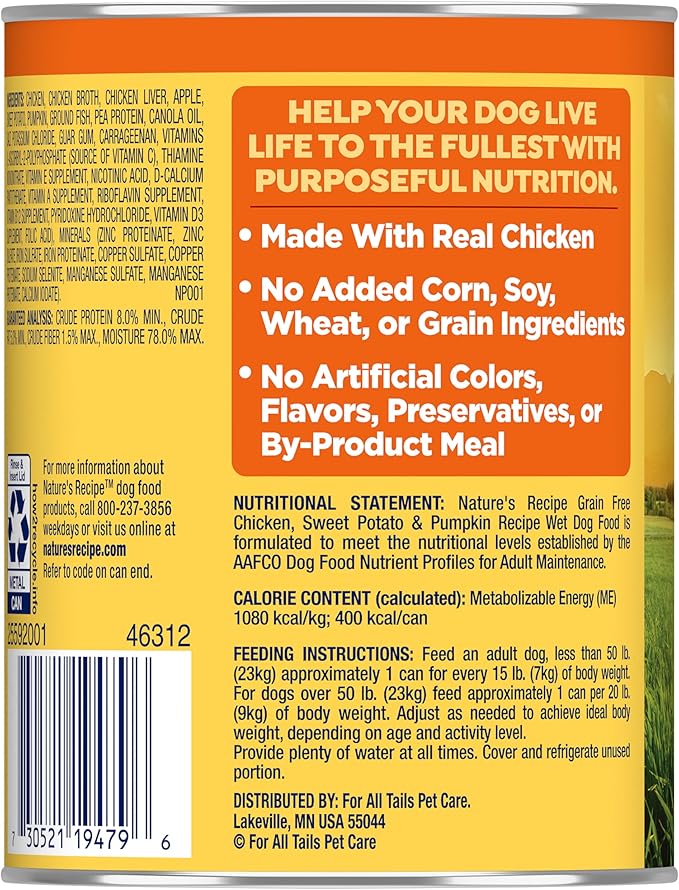 Nature's Recipe Grain Free Wet Dog Food Chicken, Sweet Potato, and Pumpkin Recipe, 13 oz. Can (Pack of 12)