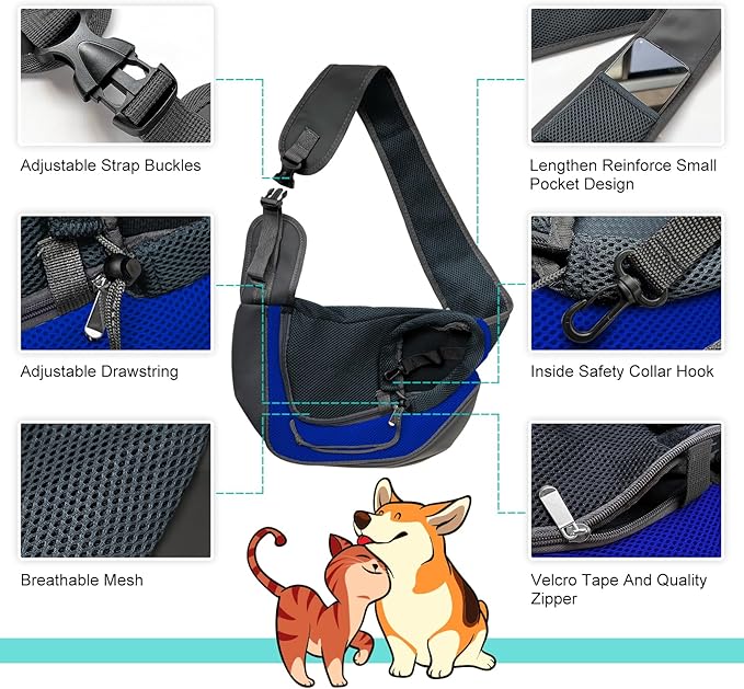 Dog Sling Carrier, Up to 5 lbs, Dog Papoose with Zipper Touch Pocket, Hand Free Breathable Mesh Puppy Carrier, Crossbody Satchel Dog Purse for Outdoor Travel, M, Blue