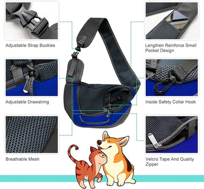 Dog Sling Carrier, Up to 5 lbs, Dog Papoose with Zipper Touch Pocket, Hand Free Breathable Mesh Puppy Carrier, Crossbody Satchel Dog Purse for Outdoor Travel, M, Blue