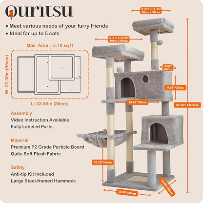 Ouritsu Cat Tree, 57 inch Cat Tower for Large Cat Indoor, 2 Top Perches with 1 Widened, 2 Condos with 1 Enlarged, Steel Frame Hammock, Scratching Posts and Scratching Pad, Light Gray, LF003GA