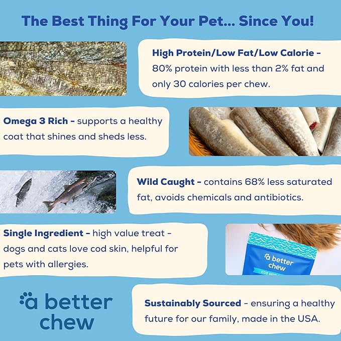 A Better CHEW  Wild Caught Cod Skin Dog Treats | Sourced and Made in The USA, Single Ingredient, Dehydrated | Natural, Healthy Alternative to Rawhides + Bully Sticks, Long Lasting Chew