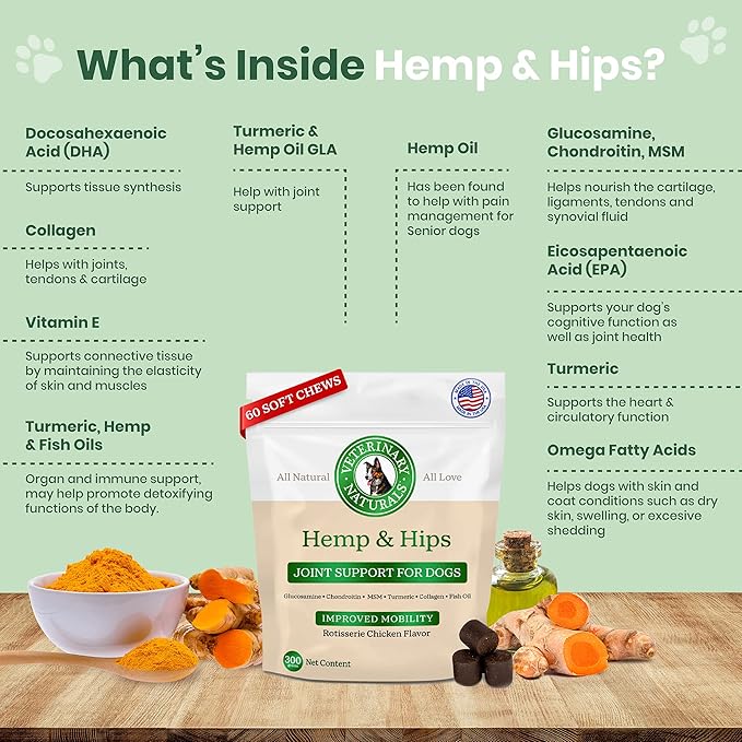 Veterinary Naturals Hemp & HIPS Joint Supplement for Dogs/Supports Relief from Hip and Joint Pain in Large, Aging Dogs (Regular, Rotisserie Chicken)