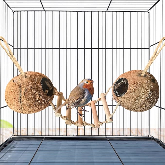 Bird Hides Coconut Nest with Wood Ladder,Syrian Hamster Cage Hanging Natural Coco Shell Hut Hide Toy with Wooden Bridge,Hollow Hideaway Toys for Small Animal Rat Lovebird Finches