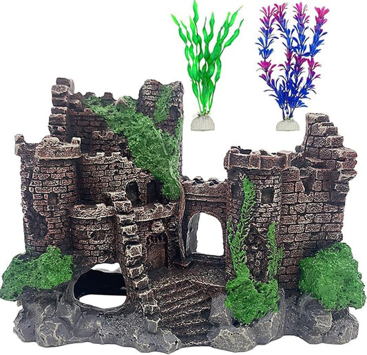 Aquarium Resin Castle Decoration,Ancient Design Fish Tank Ornaments Betta Hideout Stone Cave Accessories for Shrimp Turtle Guppy Crabs (3Pcs)