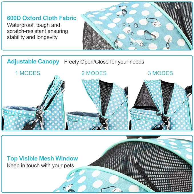 Dog Stroller for Small Dogs, Portable Pet Stroller for Cats Folding Puppy Stroller Lightweight Dog Cat Cage Jogger Stroller with Storage Basket and Cup Holder, 3 Wheels, Polka Blue