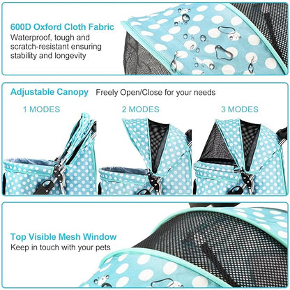 Dog Stroller for Small Dogs, Portable Pet Stroller for Cats Folding Puppy Stroller Lightweight Dog Cat Cage Jogger Stroller with Storage Basket and Cup Holder, 3 Wheels, Polka Blue