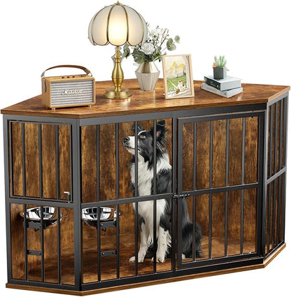 Large Dog Crate Furniture, 53” Heavy Duty Corner Dog Crate with 2 Stainless Steel Bowls, Dog Kennel Furniture Style House, Wooden Decorative Pet House End Side Table, Chew-Resistant, Rustic