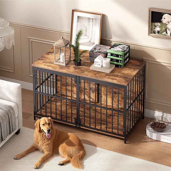 HOOBRO 46.5" Large Dog Crate Furniture, Wooden Dog Kennel Indoor, Chew-Resistant Heavy Duty Dog Cage for Large/Medium Dog, Decorative Side End Table, Rustic Brown and Black BF120GW03
