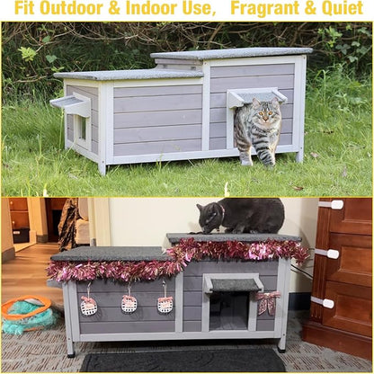 Aivituvin Outdoor Cat Houseï¼_ouble Rooms Waterproof Outside Feral Cat Shelter for Winter 100% Wood