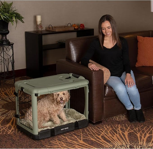 Pet Gear _he Other Door 4 Door Steel Crate for Dogs/Cats with Garage-Style Door, Includes Plush Bed + Travel Bag, No Tools Required, Willow