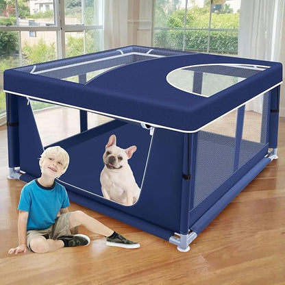 42x42x25.6 Inch Puppy Playpen with Cover, Dog Playpen for Puppies or Small Dogs, Pet Fence for Indoor & Outdoor, Sturdy Safety DogPen with Thickened Fabric, High-Strength Nylon Wire Mesh