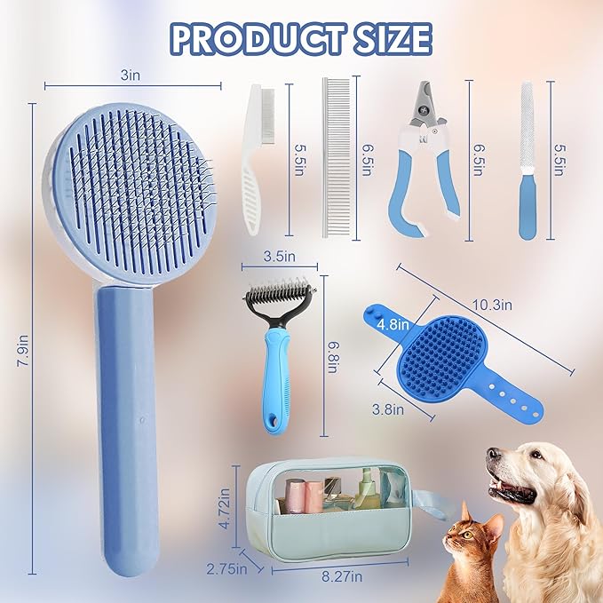 Pet Grooming Brush Kit 7pcs, Cat Brush with Release Button Comb Set for Shedding -Cat Brush&Nail Clippers File Set for Cat Dogs Long matted Haired Pets and Nail Repair(Blue)