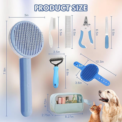 Pet Grooming Brush Kit 7pcs, Cat Brush with Release Button Comb Set for Shedding -Cat Brush&Nail Clippers File Set for Cat Dogs Long matted Haired Pets and Nail Repair(Blue)