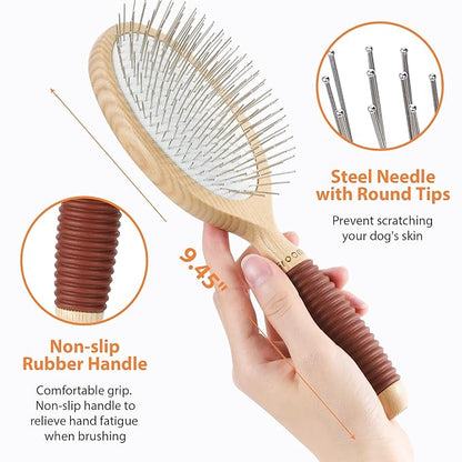Dog Brush, Pin Brush for Dogs, 27mm Extra Long Pin Brush, Dog Grooming Brush for Shedding, Dog Brush for Long Haired Dogs - Ash Wood Material, Non-Slip Rubber Handle, Round-Tipped Pins