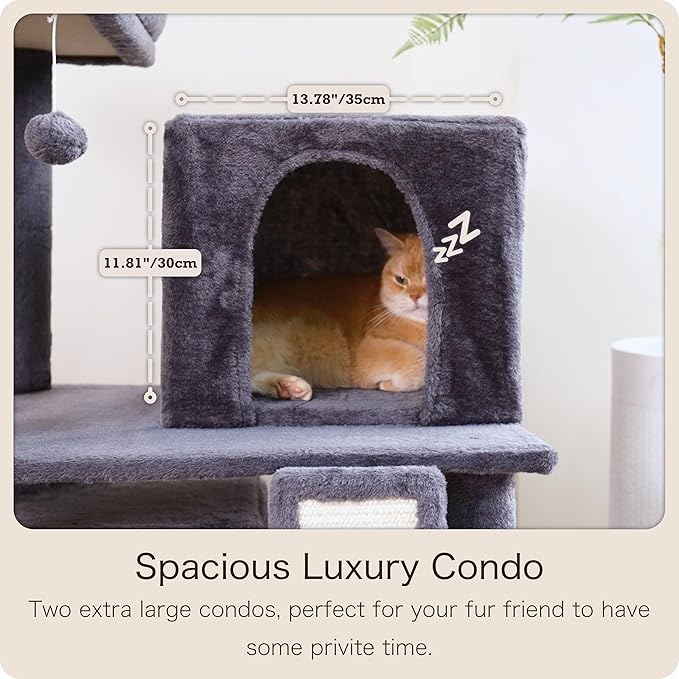 Ouritsu Cat Tree, 35 inch Cat Tower for Large Cat Indoor, 1 Widened Top Perch, 2 Enlarged Condos, Fluffy Basket, Scratching Posts and Ramp, Dark Gray, MF002DG