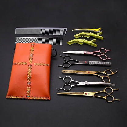 Dog Grooming Scissors Storage Bag: Hand-stitched, Show-quality Head Layer Calf Leather, Holds 5 Pairs of Dog Grooming Scissors Orange