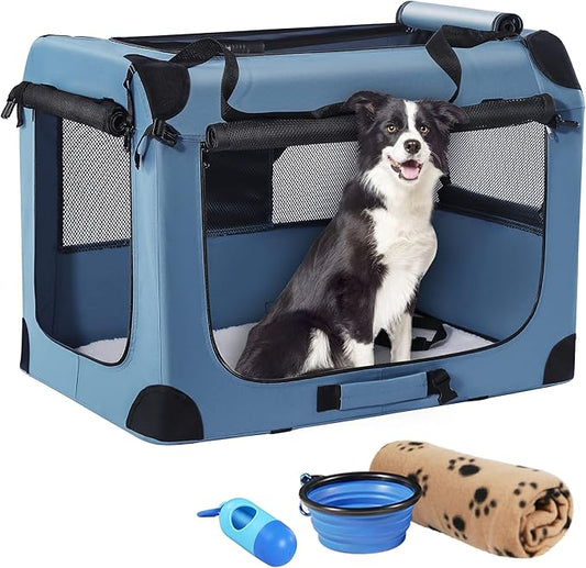 Petprsco Portable Dog Crate - 32"x23"x23" Collapsible Dog Travel Crate for Medium/Large Dogs with Soft Blanket, Foldable Bowl & Poop Bag Dispenser - Indoor & Outdoor Use