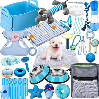 Abbylike 50 Pcs Puppy Supplies Starter Kit for Small Dogs Puppy Essentials Includes Leash, Bowls, Teeth Brushes, Water Bottle, and More Accessories for Dogs Christmas Welcome Gift(Blue)