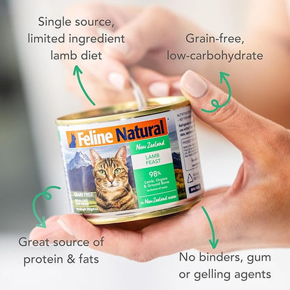 Feline Natural Wet Cat Food Pate, Lamb Feast, 6 Oz Cans (Pack of 12), Grain Free, Made in New Zealand with Grass-Fed, Free-Range Lamb, Single Source, Limited Ingredient
