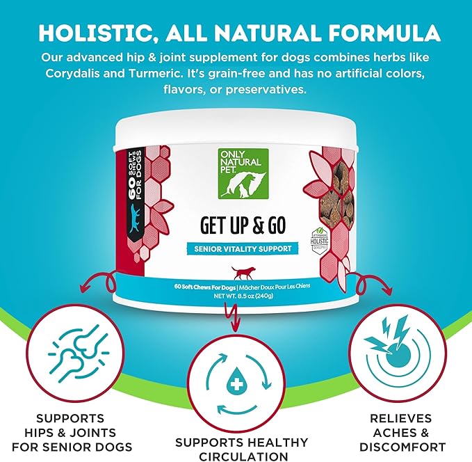Only Natural Pet Get Up & Go Herbal Joint Support Supplement for Dogs - Holistically Formulated with Corydalis & Turmeric Hip & Joint Daily Vitamin for Senior Dog - Bacon Flavor - 60 Soft Chews