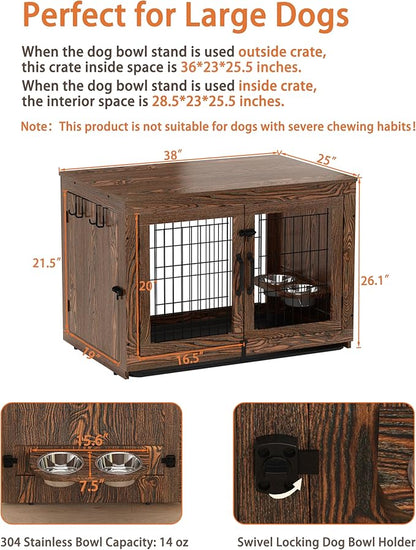 Piskyet Wooden Dog Crate Furniture with 360°Rotatable Removable Dog Bowls, Dog Crate End Table with Tray, Double Doors Dog Kennels for Dogs(L:37.7" L*25.1" W*26.1" H, Rustic Brown)