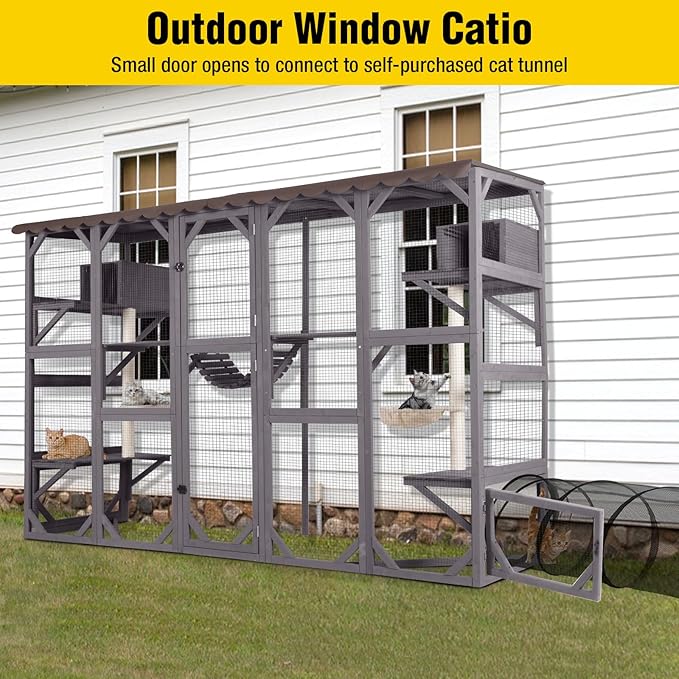 Aivituvin Cat Enclosure Window Outdoor Large Catio Wall Mounted Wooden Cat Cage with Cat Condo, Baskets and Bridge 104.3''