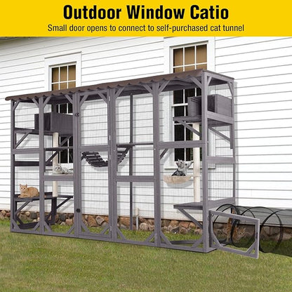 Aivituvin Cat Enclosure Window Outdoor Large Catio Wall Mounted Wooden Cat Cage with Cat Condo, Baskets and Bridge 104.3''