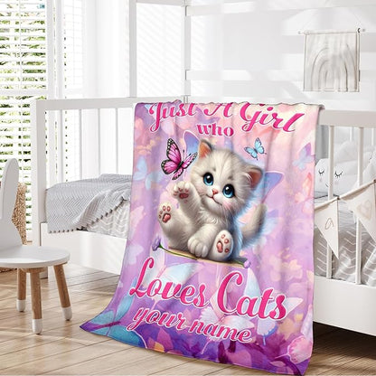 Custom Pink Cat Design Flannel Blanket for Kids Teens Adults, Personalized Throw Gifts for Girls Women Cat Lovers, 30x40 Inch Soft Cozy Blanket for Sofa Couch Bed, Daughter Mom Gift Idea for Birthday