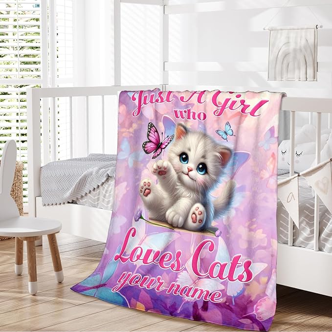 Personalized Cat Design Flannel Blanket for Kids Teens Adults, Custom Throw Gifts for Girls Women Cat Lovers, 50x60 Inch Soft Cozy Cute Blanket for Sofa Couch Bed, Daughter Mom Gift Idea for Birthday