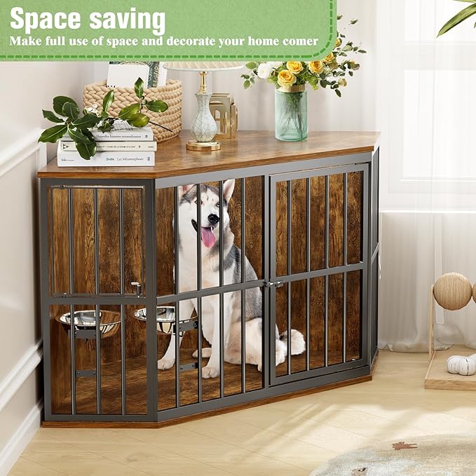 Large Dog Crate Furniture, 53” Heavy Duty Corner Dog Crate with 2 Stainless Steel Bowls, Dog Kennel Furniture Style House, Wooden Decorative Pet House End Side Table, Chew-Resistant, Rustic
