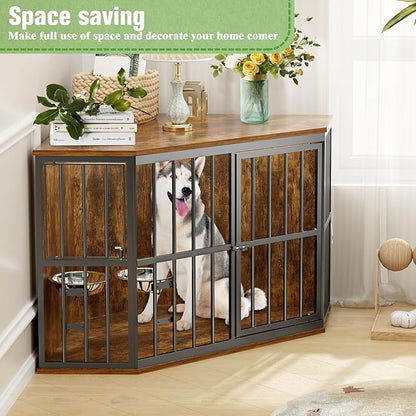 Large Dog Crate Furniture, 53” Heavy Duty Corner Dog Crate with 2 Stainless Steel Bowls, Dog Kennel Furniture Style House, Wooden Decorative Pet House End Side Table, Chew-Resistant, Rustic