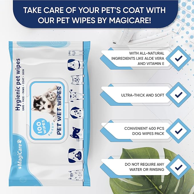MAGICARE Pet Wipes  400 pcs Dog Wipes  8x8 Inch Unscented Dog Paw Cleaner Wipes for Body, Ears, Face, and Skin  Ultra Thick & Soft with Hypoallergenic Formula  Ideal Pet Wipes for Dogs & Cats