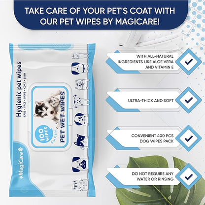 MAGICARE Pet Wipes  400 pcs Dog Wipes  8x8 Inch Unscented Dog Paw Cleaner Wipes for Body, Ears, Face, and Skin  Ultra Thick & Soft with Hypoallergenic Formula  Ideal Pet Wipes for Dogs & Cats