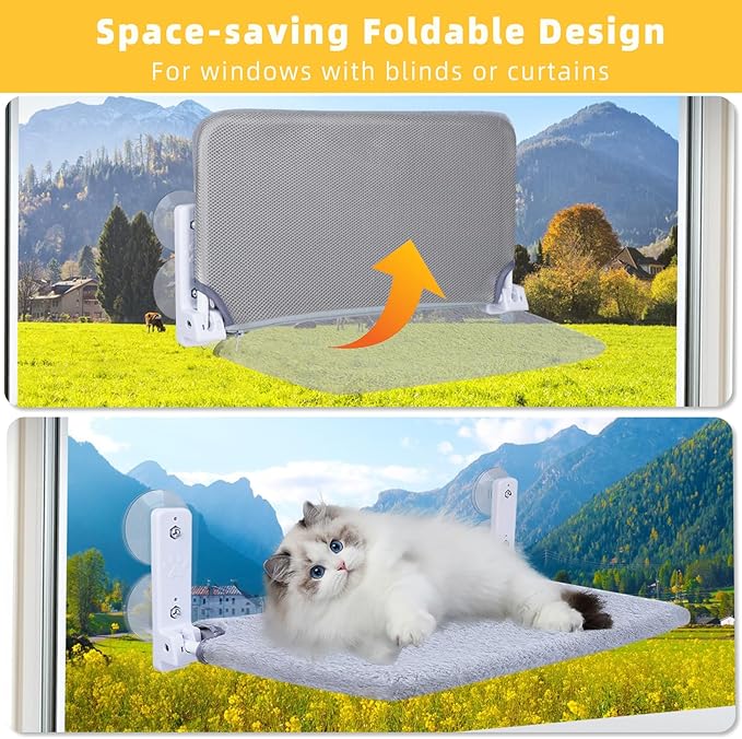 Cat Window Perch, Foldable Cat Window Hammock Sunbathing and Climbing Cats Hammock for Window Bed Bearing 40 Pounds Window Perch for Cats Inside 2-in-1 Reversible Cover (Light Gray)