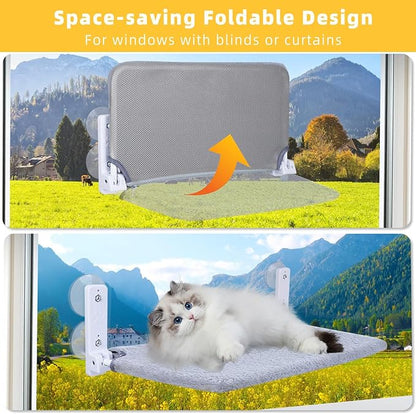 Cat Window Perch, Foldable Cat Window Hammock Sunbathing and Climbing Cats Hammock for Window Bed Bearing 40 Pounds Window Perch for Cats Inside 2-in-1 Reversible Cover (Light Gray)