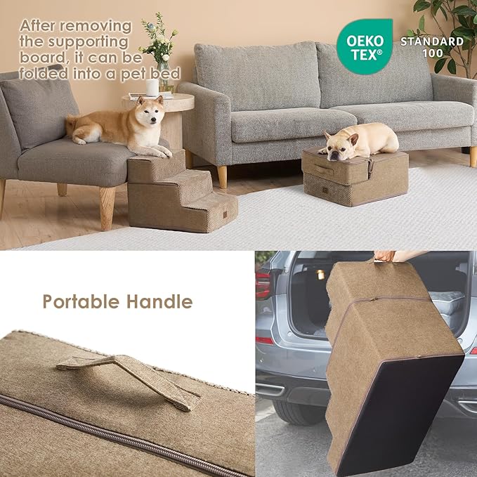 EHEYCIGA Dog Stairs for Small Dogs 13.5" H, 3-Step Dog Steps for Couch Sofa and Chair, Pet Steps for Small Dogs and Cats, Non-Slip Balanced Dog Indoor Ramp, Camel