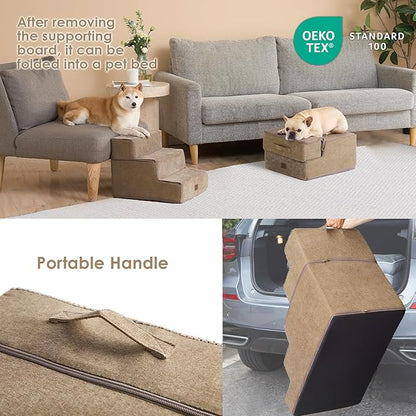 EHEYCIGA Dog Stairs for Small Dogs 13.5" H, 3-Step Dog Steps for Couch Sofa and Chair, Pet Steps for Small Dogs and Cats, Non-Slip Balanced Dog Indoor Ramp, Camel