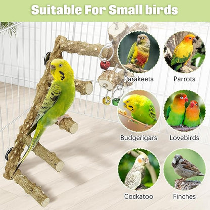 BNOSDM Natural Wood Bird Ladder Perch with Rotating Bell Toys-Exercise Stands for Parrot Climbing Chewing Parakeet Bridge Cage Accessories for Cockatiel, Conures, Lovebirds, Budgie
