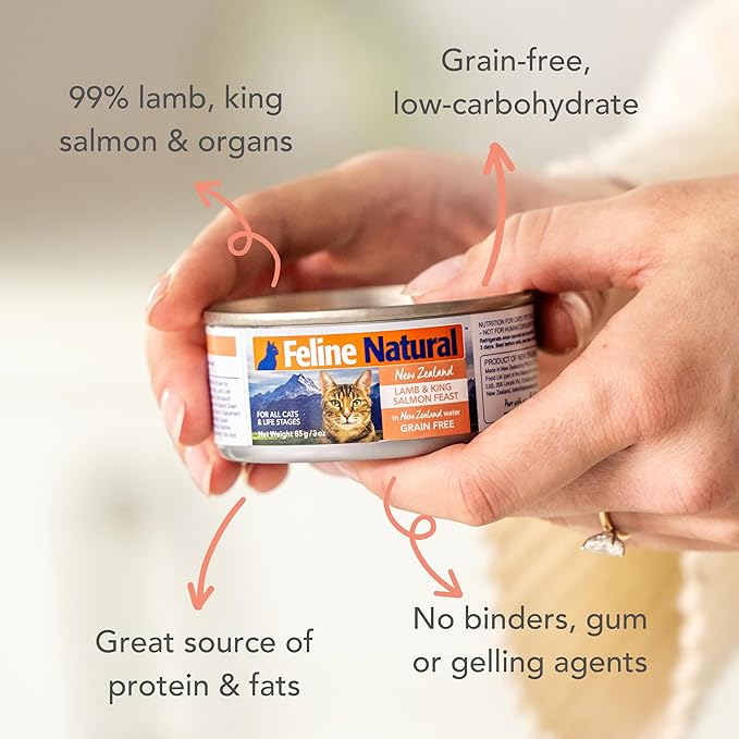 Feline Natural Wet Cat Food Pate, Lamb & King Salmon Feast, 3 Oz Cans (Pack of 24), Grain Free, Made in New Zealand with Grass-Fed, Free-Range Lamb and Sustainably Caught King Salmon