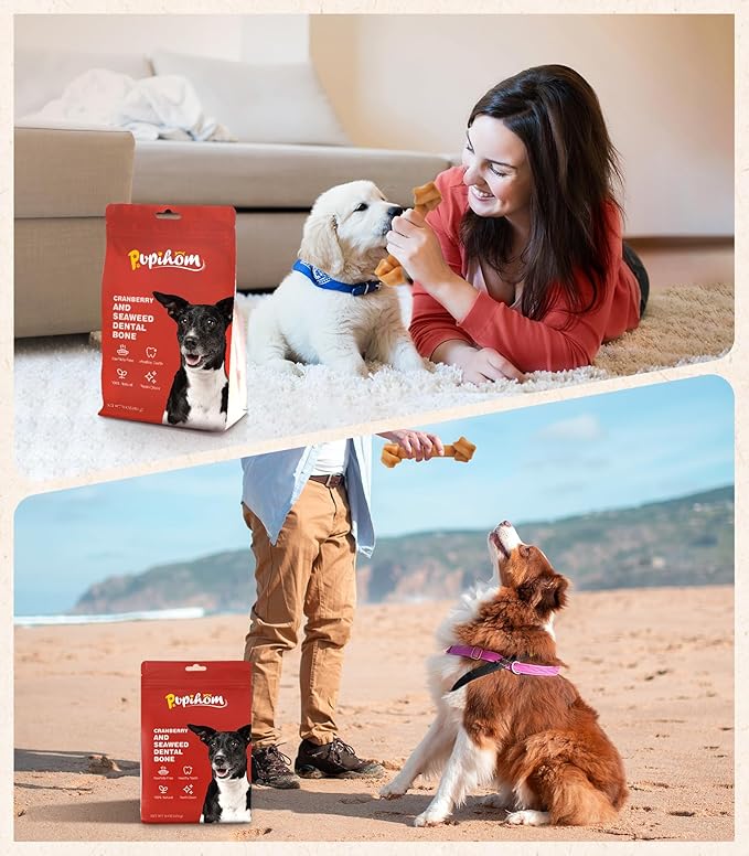 Large 6.5" Cranberry and Seaweed Chewy Bones Dog Treats,16OZ Rawhide Free Dog Treats 6 Packs Dog Chewy Treats for Aggressive Chewers Medium and Large Dogs
