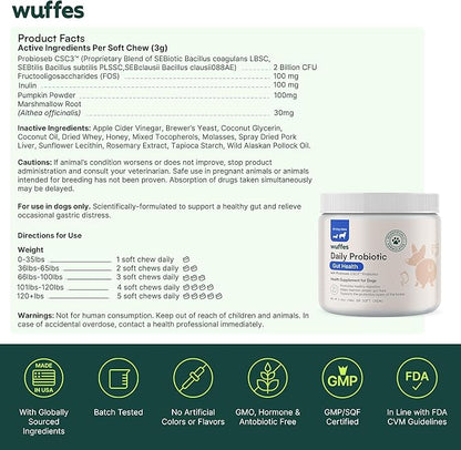 Wuffes Daily Probiotic for Dogs - Supports Digestive Health, Gut Balance, and Immune System - with Prebiotics, Marshmallow Root, and Pumpkin Powder - 60 Soft Chews